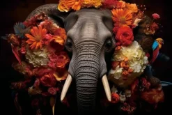 Glasschilderij Olifant met Bloemen en Vogels 110160-200