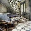 Glasschilderij Oude hal met piano GLAS080120-487